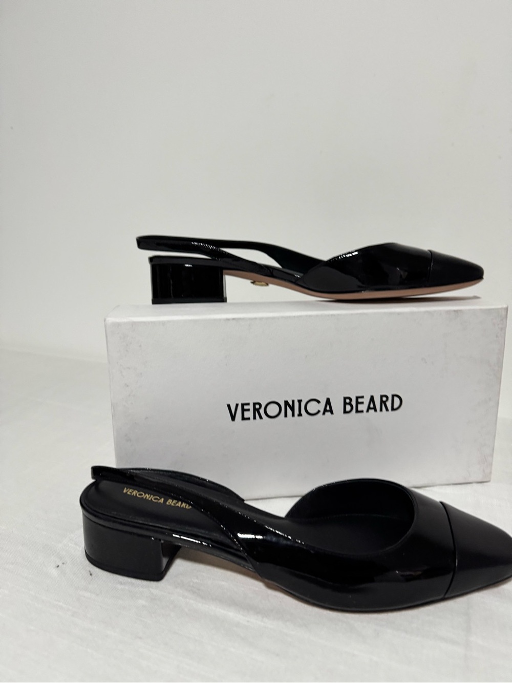 Veronica Beard Black Patent Slingback Pointed-Toe Mules with Low Block Heel